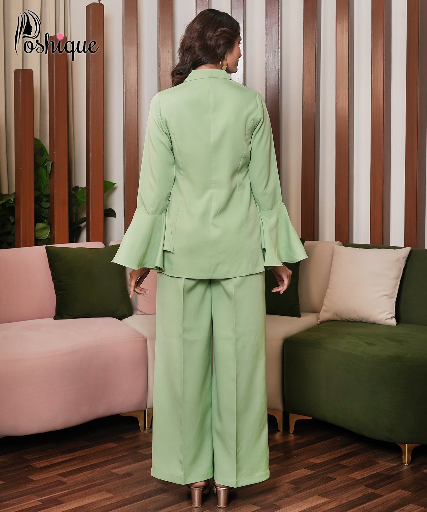 Mint Green Flared Sleeve Blazer & Wide Leg Pants Set